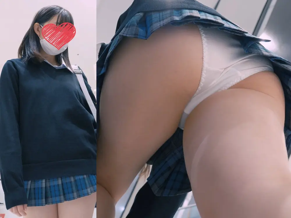 プレビュー画像：[4K]えちえちJK盗撮No.34#青チェ　階段前でお尻を突き出し誘ってくる色白JKちゃん！