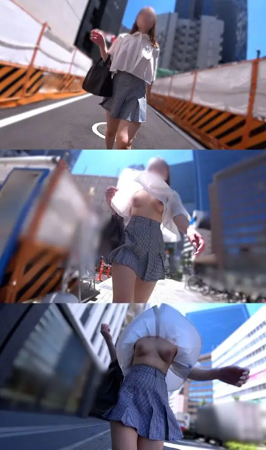 【ノーブラ確定】激しいビル風がめくるミニ丈シャツ！必死に裾を抑えるムチムチ美女