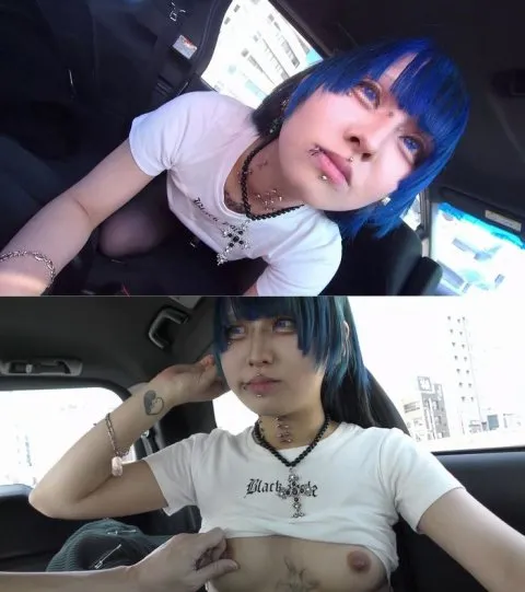 プレビュー画像：ゲームから出てきたような青髪ピアス女子、車内フェラ動画です